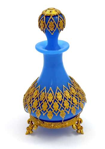 Antique Palais Royal Blue Opaline Glass Perfume Bottle with Gilded Fleur-de-Lys Mounts.