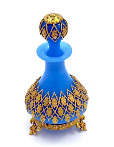 Antique Palais Royal Blue Opaline Glass Perfume Bottle with Gilded Fleur-de-Lys Mounts.