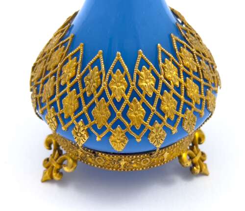 Antique Palais Royal Blue Opaline Glass Perfume Bottle with Gilded Fleur-de-Lys Mounts.