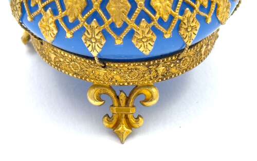 Antique Palais Royal Blue Opaline Glass Perfume Bottle with Gilded Fleur-de-Lys Mounts.