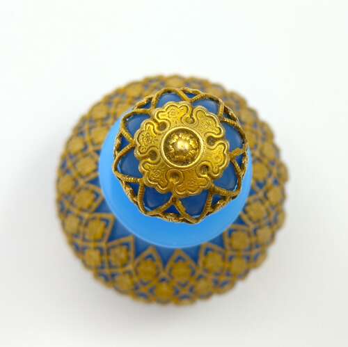 Antique Palais Royal Blue Opaline Glass Perfume Bottle with Gilded Fleur-de-Lys Mounts.