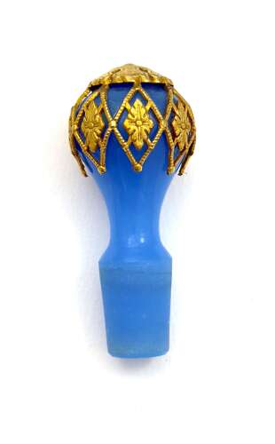 Antique Palais Royal Blue Opaline Glass Perfume Bottle with Gilded Fleur-de-Lys Mounts.