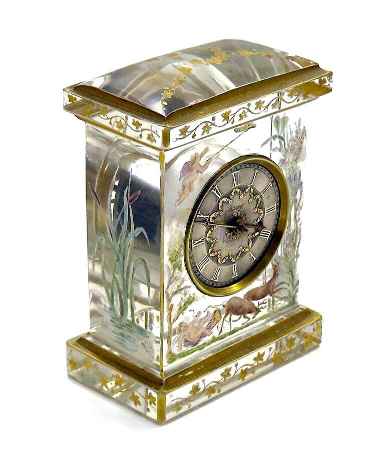 Rare Signed Asprey & Legras Hand-Painted Crystal Glass Mantel Clock with&nbsp;Cherub Motif