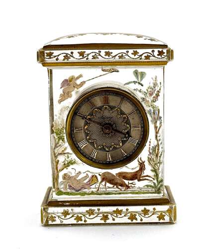 Rare Signed Asprey & Legras Hand-Painted Crystal Glass Mantel Clock with Cherub Motif