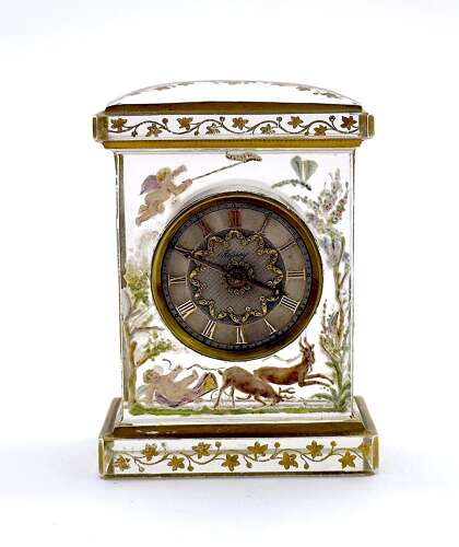 Rare Signed Asprey & Legras Hand-Painted Crystal Glass Mantel Clock with Cherub Motif