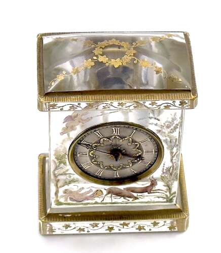 Rare Signed Asprey & Legras Hand-Painted Crystal Glass Mantel Clock with Cherub Motif