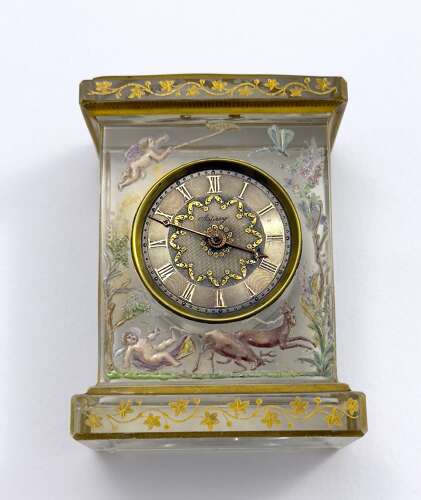 Rare Signed Asprey & Legras Hand-Painted Crystal Glass Mantel Clock with Cherub Motif