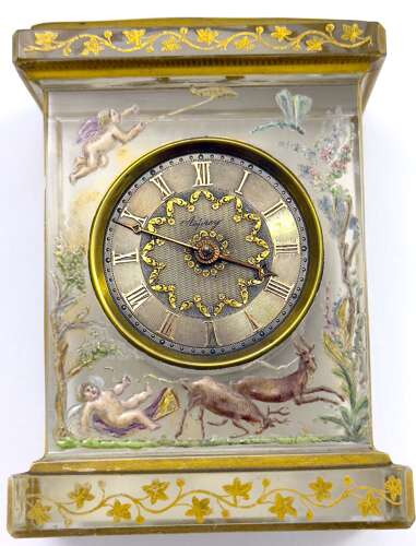 Rare Signed Asprey & Legras Hand-Painted Crystal Glass Mantel Clock with Cherub Motif