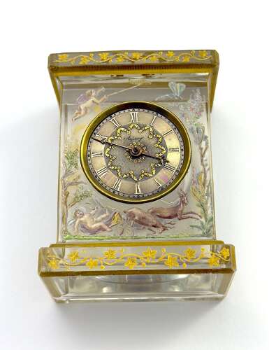 Rare Signed Asprey & Legras Hand-Painted Crystal Glass Mantel Clock with Cherub Motif