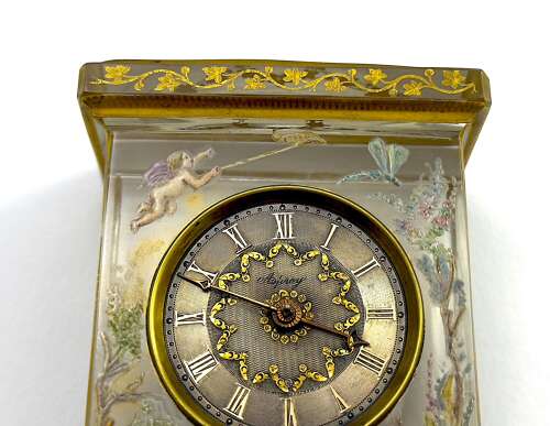 Rare Signed Asprey & Legras Hand-Painted Crystal Glass Mantel Clock with Cherub Motif