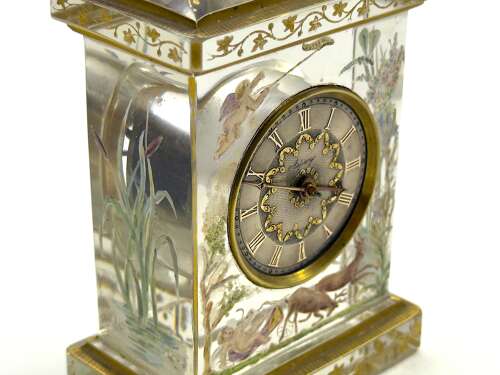 Rare Signed Asprey & Legras Hand-Painted Crystal Glass Mantel Clock with Cherub Motif