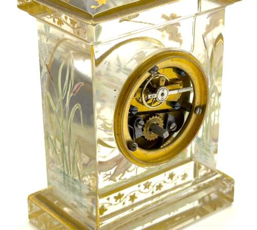 Rare Signed Asprey & Legras Hand-Painted Crystal Glass Mantel Clock with Cherub Motif