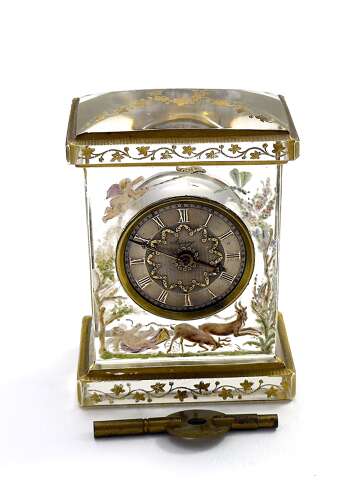 Rare Signed Asprey & Legras Hand-Painted Crystal Glass Mantel Clock with Cherub Motif