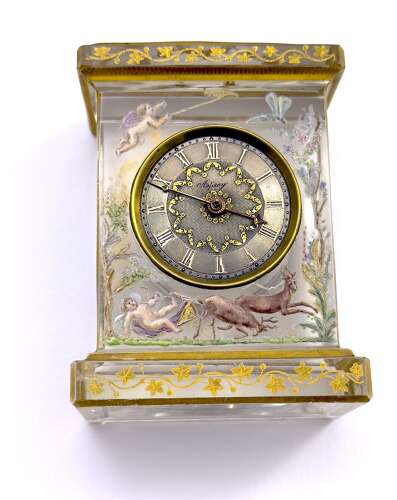 Rare Signed Asprey & Legras Hand-Painted Crystal Glass Mantel Clock with Cherub Motif