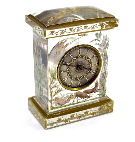 Rare Signed Asprey & Legras Hand-Painted Crystal Glass Mantel Clock with Cherub Motif