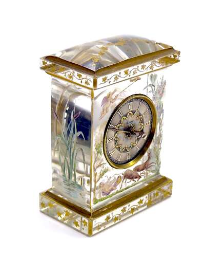 Rare Signed Asprey & Legras Hand-Painted Crystal Glass Mantel Clock with Cherub Motif