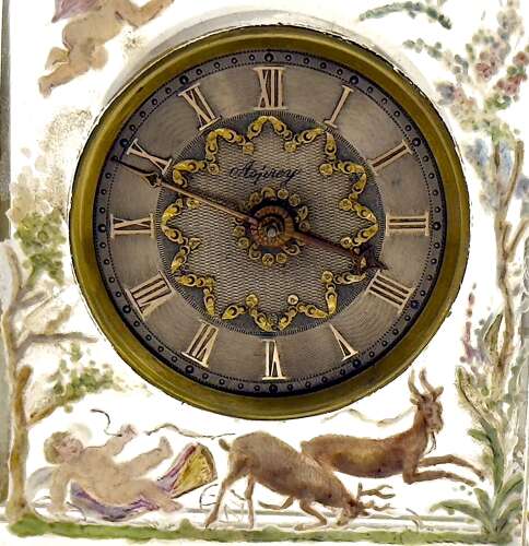 Rare Signed Asprey & Legras Hand-Painted Crystal Glass Mantel Clock with Cherub Motif