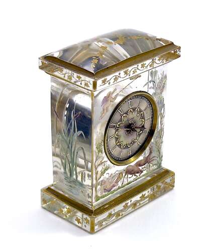 Rare Signed Asprey & Legras Hand-Painted Crystal Glass Mantel Clock with Cherub Motif