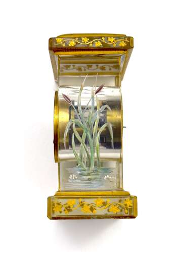 Rare Signed Asprey & Legras Hand-Painted Crystal Glass Mantel Clock with Cherub Motif