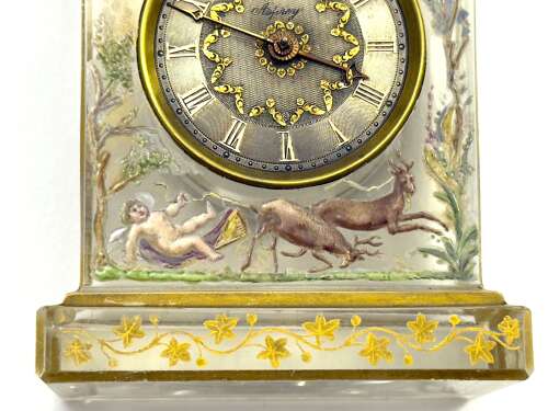 Rare Signed Asprey & Legras Hand-Painted Crystal Glass Mantel Clock with Cherub Motif