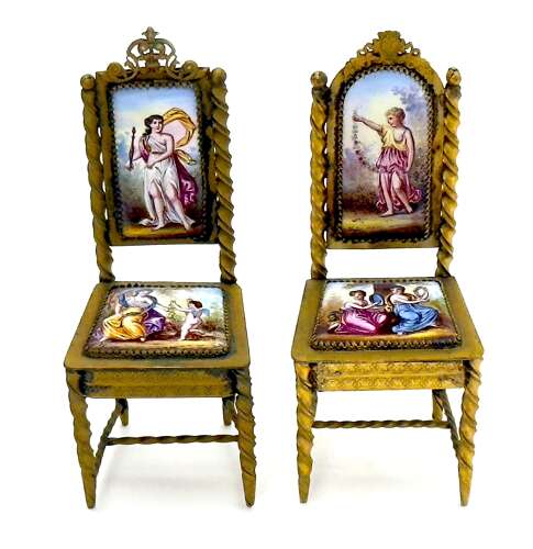 A Pair of Antique Viennese Enamel and Dore Bronze Miniature Chairs 