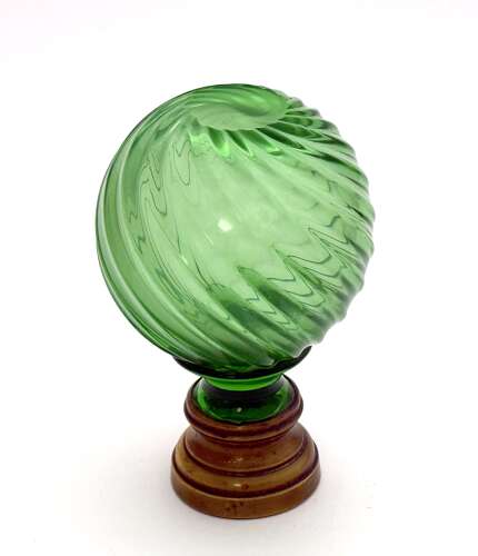 Rare Antique Uranium Cut Crystal Glass Boule D'Escalier with Swirl Pattern.