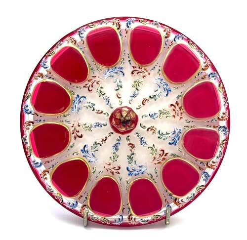 Antique Bohemian Glass Hand Painted Pink Overlay Box with Gold & Enamel Detailing