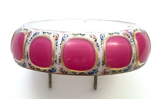 Antique Bohemian Glass Hand Painted Pink Overlay Box with Gold & Enamel Detailing
