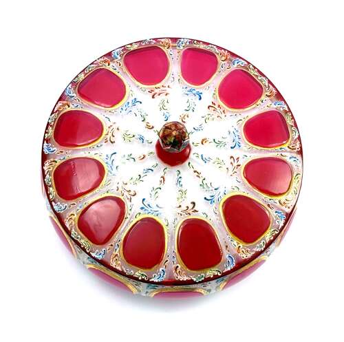 Antique Bohemian Glass Hand Painted Pink Overlay Box with Gold & Enamel Detailing