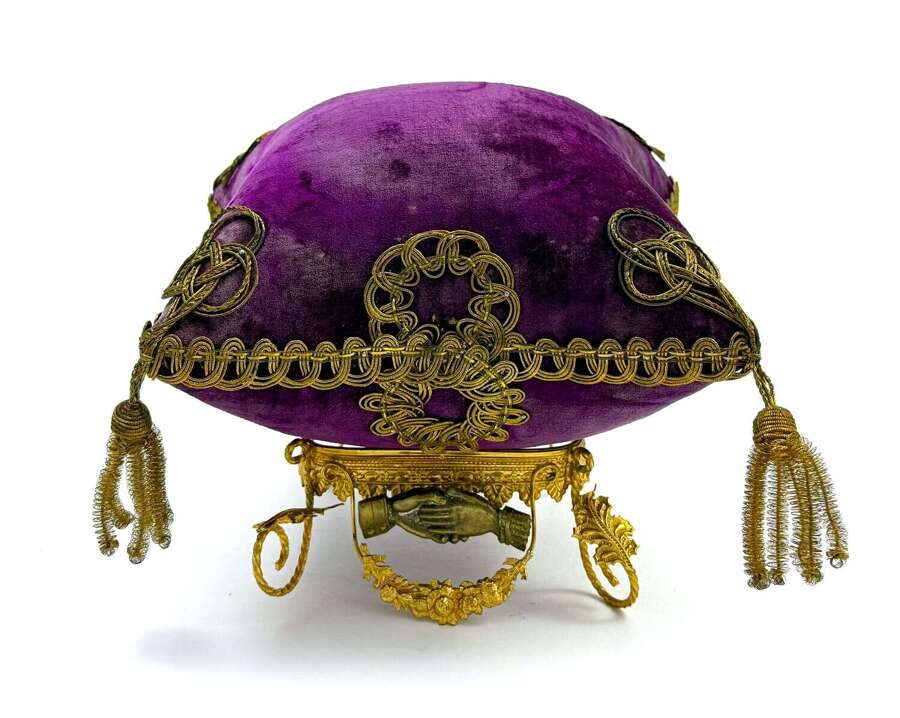 Antique French Purple Velvet Bridal Or Communion Cushion and Dore Bronze Stand