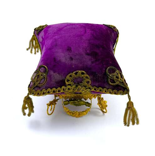 Antique French Purple Velvet Bridal Or Communion Cushion and Dore Bronze Stand