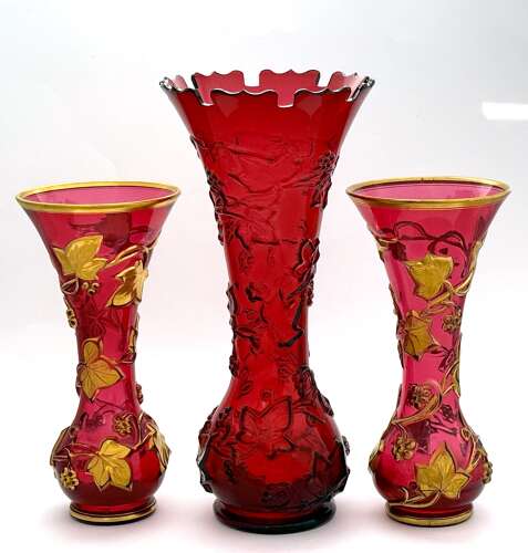 Pair of Antique Baccarat Ruby Red Crystal Vases with Gilded Garland of Ivy and Grapevines