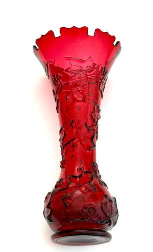Antique Baccarat Ruby Crystal Vase with Applied Grapevine Garland,