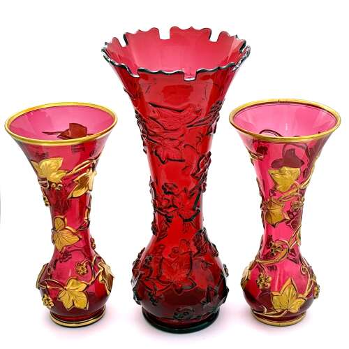 Antique Baccarat Ruby Crystal Vase with Applied Grapevine Garland,