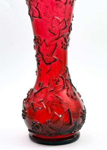 Antique Baccarat Ruby Crystal Vase with Applied Grapevine Garland,