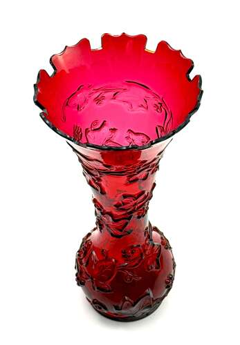 Antique Baccarat Ruby Crystal Vase with Applied Grapevine Garland,