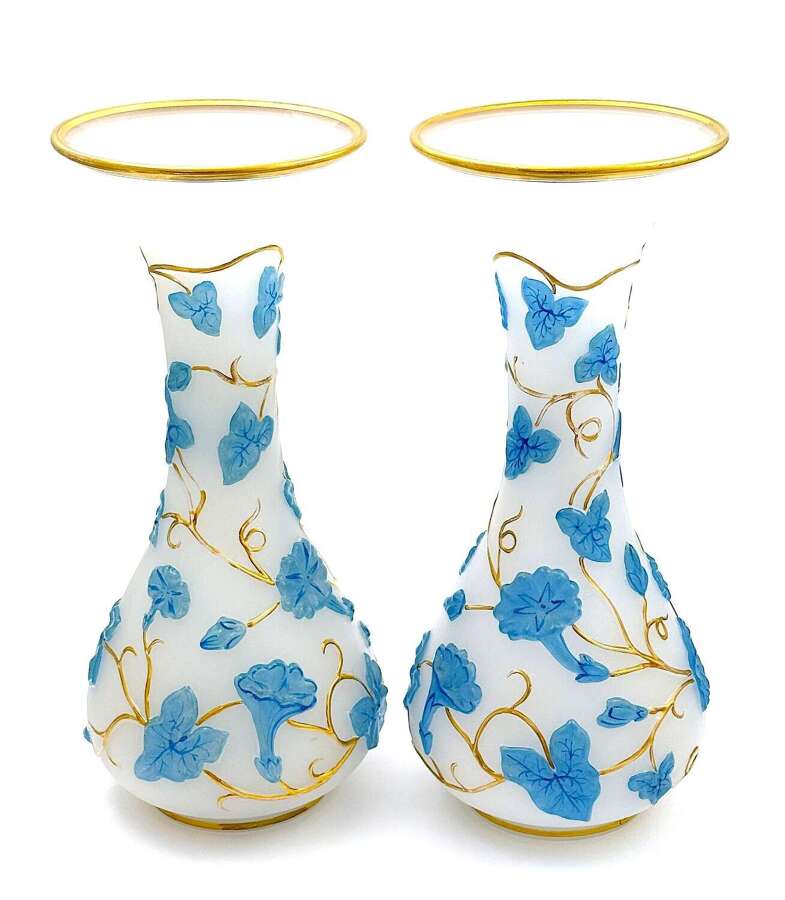 A Pair of Antique Baccarat Opaline Glass Vases with Applied Blue Morning Glory Flowers.