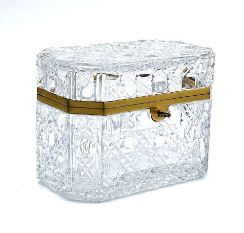 XL Large BACCARAT Cut Crystal Glass Casket Box with Smooth Dore Bronze Mounts and Key.