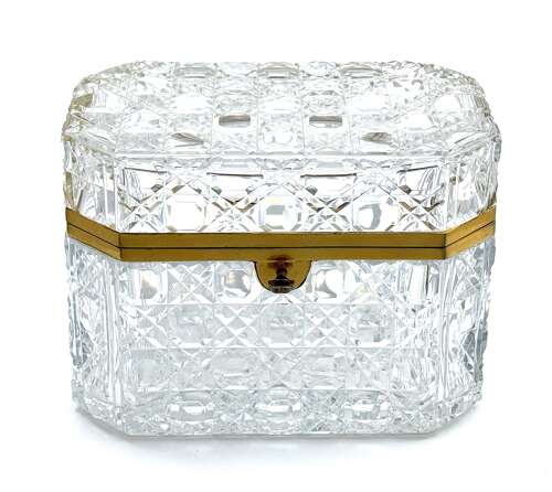 XL Large BACCARAT Cut Crystal Glass Casket Box with Smooth Dore Bronze Mounts and Key.