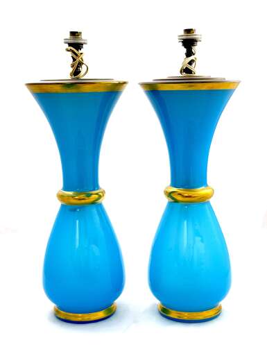 A Pair of Very Large Vintage Baluster Shaped Blue Opaline Glass Lamps