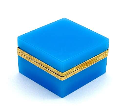 Antique Murano Blue Opaline Glass Square Box with Fancy Dore Bronze Mounts and Lift Clasp