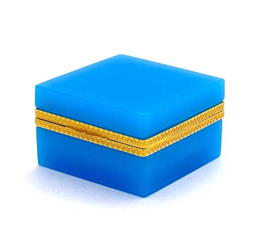 Antique Murano Blue Opaline Glass Square Box with Fancy Dore Bronze Mounts and Lift Clasp