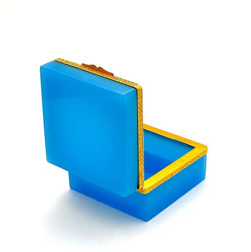 Antique Murano Blue Opaline Glass Square Box with Fancy Dore Bronze Mounts and Lift Clasp