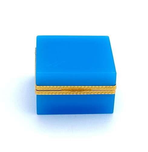 Antique Murano Blue Opaline Glass Square Box with Fancy Dore Bronze Mounts and Lift Clasp