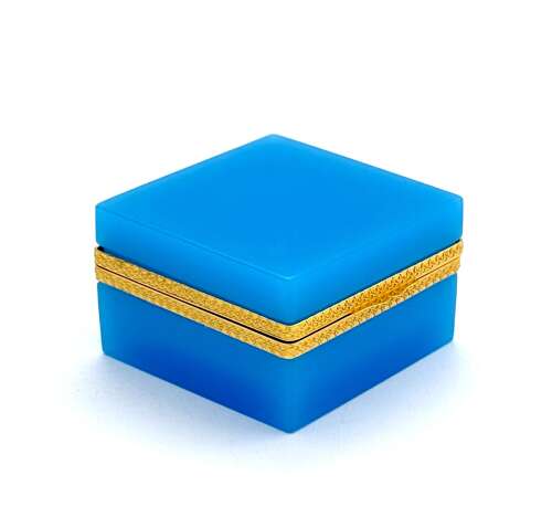 Antique Murano Blue Opaline Glass Square Box with Fancy Dore Bronze Mounts and Lift Clasp
