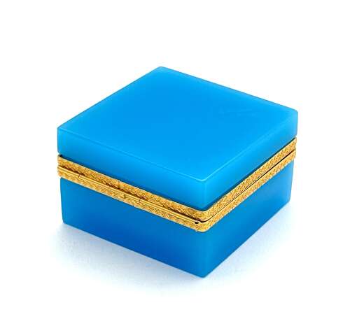 Antique Murano Blue Opaline Glass Square Box with Fancy Dore Bronze Mounts and Lift Clasp