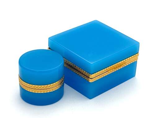 Antique Murano Blue Opaline Glass Square Box with Fancy Dore Bronze Mounts and Lift Clasp