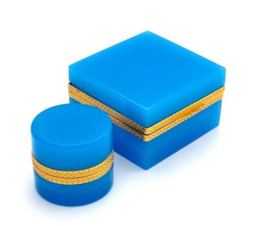 Antique Murano Blue Opaline Glass Square Box with Fancy Dore Bronze Mounts and Lift Clasp