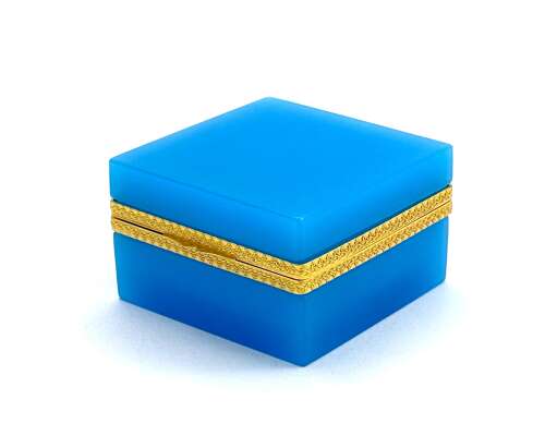 Antique Murano Blue Opaline Glass Square Box with Fancy Dore Bronze Mounts and Lift Clasp