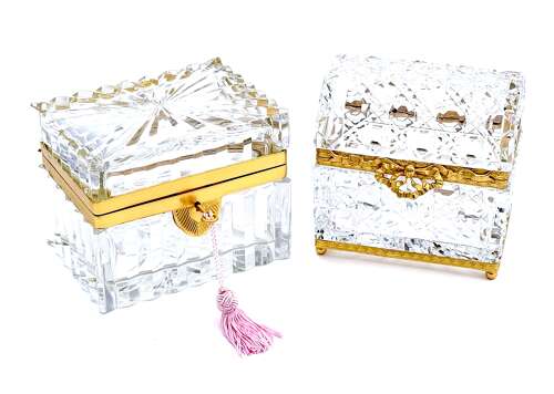 A Large Antique BACCARAT Cut Crystal Casket with Large Dore Bronze Bow Clasp.